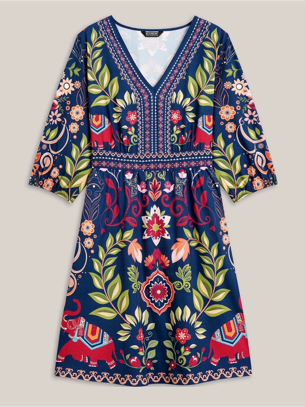 BloomChic Navy Floral V‑Neck Dress with Red and Green Accents